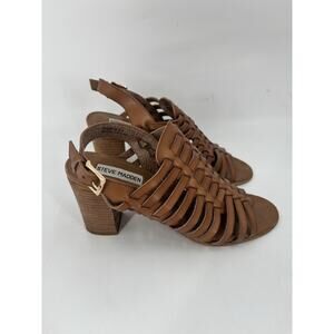 Steve Madden Summerr Sandals Heels Womens 8 Brown Vegan Leather Peep Toe Buckles